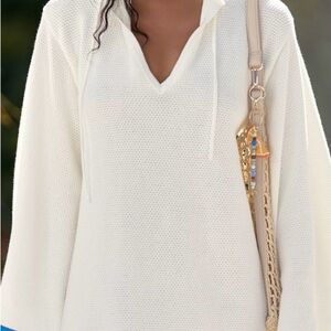 Elegant White Hooded Coverup with Blue Accents